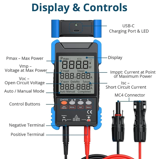 Alt view image 4 of 7 - 2000W MPPT Solar Panel Tester Solar Power Meter PV Tester (Voc/Isc) with LCD Display, Portable Photovoltaic Multimeter, MC4 Compatible for RV & Home