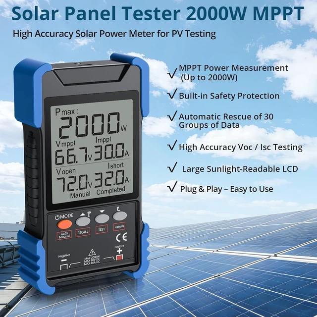 Alt view image 2 of 7 - 2000W MPPT Solar Panel Tester Solar Power Meter PV Tester (Voc/Isc) with LCD Display, Portable Photovoltaic Multimeter, MC4 Compatible for RV & Home