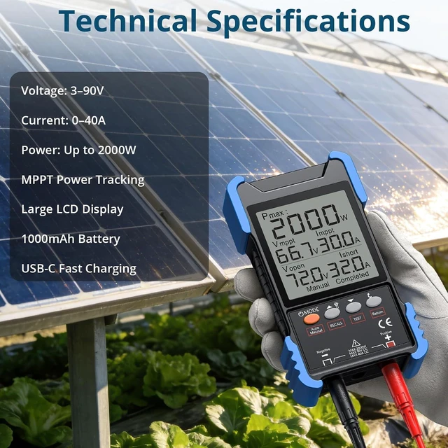 Alt view image 5 of 7 - 2000W MPPT Solar Panel Tester Solar Power Meter PV Tester (Voc/Isc) with LCD Display, Portable Photovoltaic Multimeter, MC4 Compatible for RV & Home