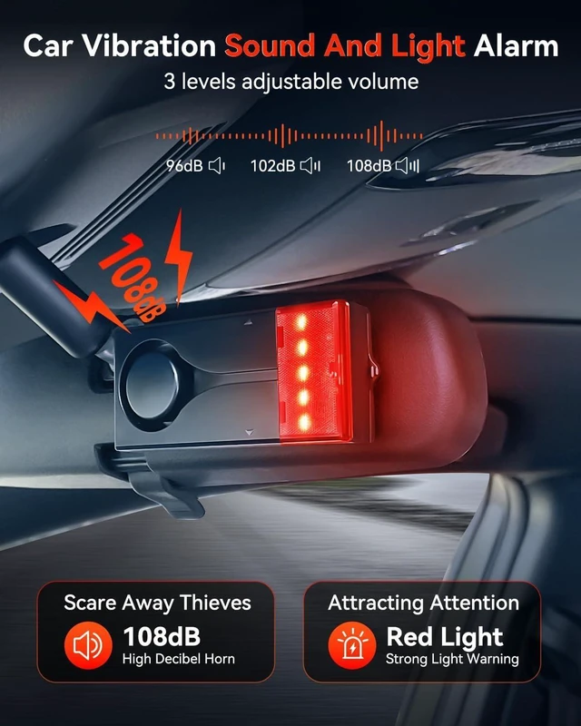Alt view image 2 of 7 - Car Anti-Theft Vibration Alarm 108dB Automobile Vibration Sound & Light Alert, Wireless Remote Interior Safety Light with 2pcs Alarm