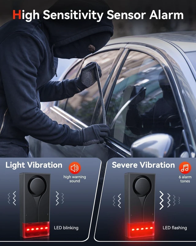 Alt view image 3 of 7 - Car Anti-Theft Vibration Alarm 108dB Automobile Vibration Sound & Light Alert, Wireless Remote Interior Safety Light with 2pcs Alarm