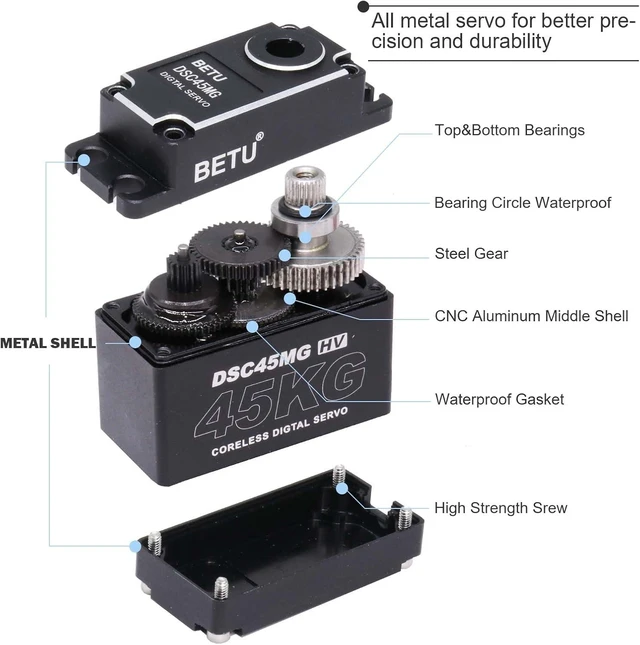 Alt view image 2 of 7 - 45Kg Coreless Servo Motor HV 8.4V High Torque RC Digital Full Waterproof Servo, Stainless Steel Gear with 25T Servo Horn, 180°