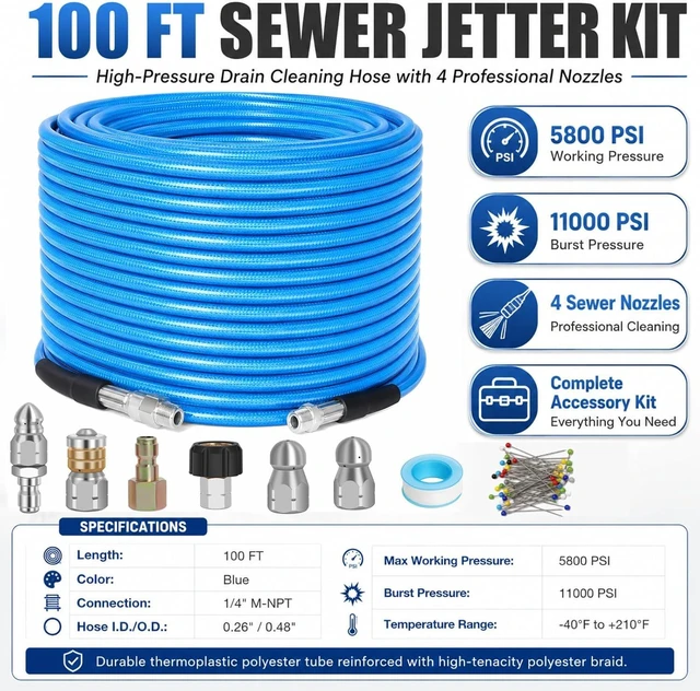 Alt view image 5 of 7 - 100 FT Sewer Jetter Kit for Pressure Washer 5800PSI Drain Cleaner Hose