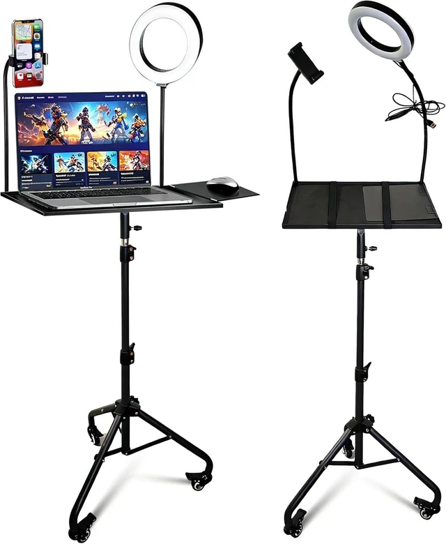 Main image of Rolling Laptop Tripod Stand with Wheels 29-55 Inch Adjustable Projector Floor Holder with 6" LED Ring Light & Phone Holder