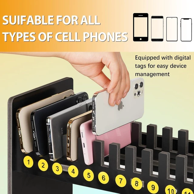Alt view image 3 of 6 - 30 Slots Cell Phone Holder Stand with 1-30 Number Stickers, 2-Tier PVC Board Multi Phone Rack Desktop Organizer for Classroom Office, Black