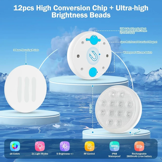 Alt view image 4 of 7 - Pool Lights (4 Pack) Ultra-High-Brightness Rechargeable Submersible Lights with Remote, IP68 Waterproof 22-Color Changing 2600mAh Magnetic LED Underwater Light for Pools, Hot Tubs & Ponds
