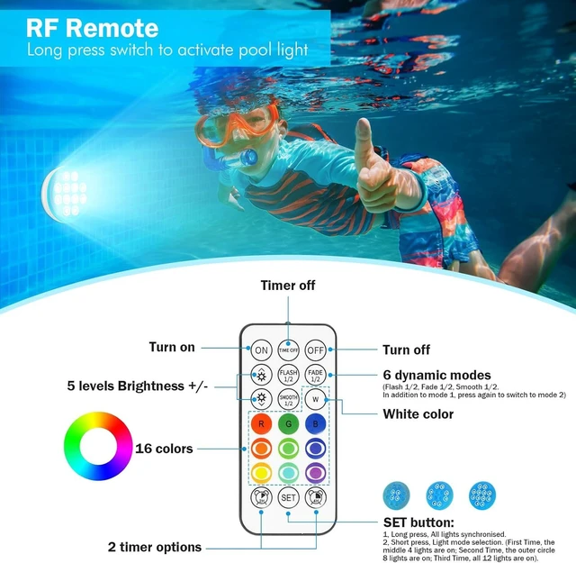 Alt view image 6 of 7 - Pool Lights (4 Pack) Ultra-High-Brightness Rechargeable Submersible Lights with Remote, IP68 Waterproof 22-Color Changing 2600mAh Magnetic LED Underwater Light for Pools, Hot Tubs & Ponds