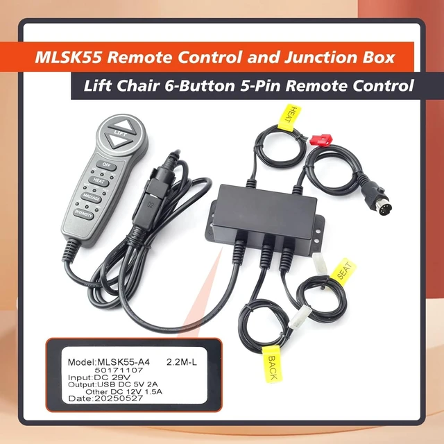 Alt view image 2 of 7 - MLSK55-A1 Lift Chair Hand Control Remote with USB, 6 Function Keys, 5-Pin Male Plug & Junction Box Replacement for Catnapper, Okin, Mulin, Dewert, Limoss & Kaidi