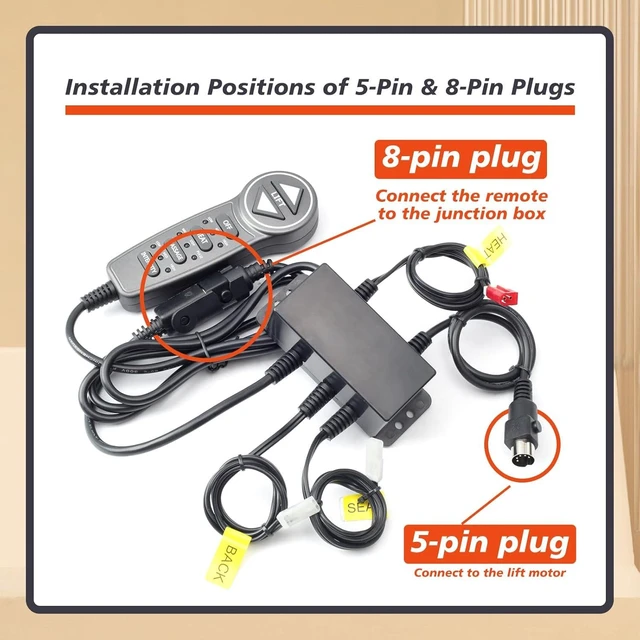 Alt view image 5 of 7 - MLSK55-A1 Lift Chair Hand Control Remote with USB, 6 Function Keys, 5-Pin Male Plug & Junction Box Replacement for Catnapper, Okin, Mulin, Dewert, Limoss & Kaidi