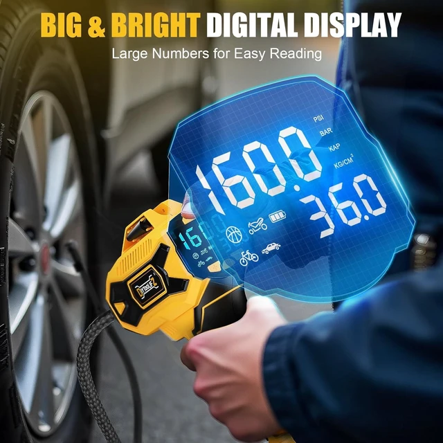 Alt view image 3 of 7 - Cordless Tire Inflator Air Compressor for Dewalt 20V Battery, 160PSI Portable Air Pump with Digital Pressure Gauge, Fast Inflation for Cars, Motorcycles & Bikes (Tool Only)