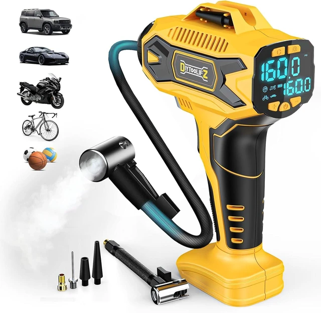 Main image of Cordless Tire Inflator Air Compressor for Dewalt 20V Battery, 160PSI Portable Air Pump with Digital Pressure Gauge, Fast Inflation for Cars, Motorcycles & Bikes (Tool Only)