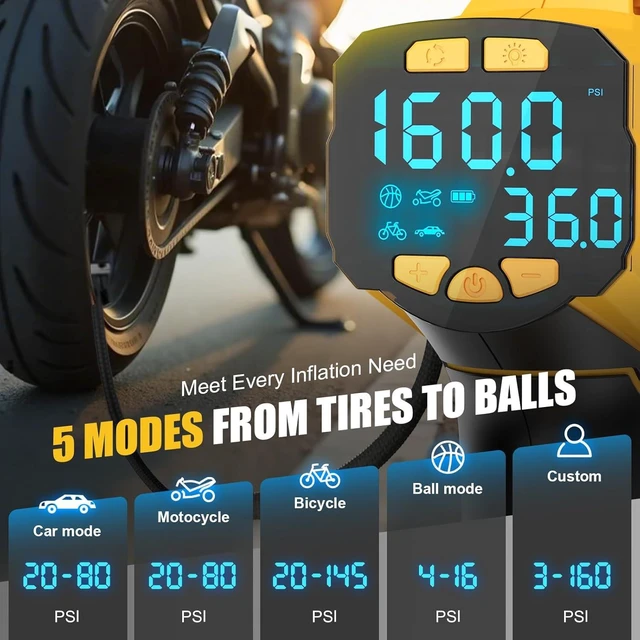 Alt view image 5 of 7 - Cordless Tire Inflator Air Compressor for Dewalt 20V Battery, 160PSI Portable Air Pump with Digital Pressure Gauge, Fast Inflation for Cars, Motorcycles & Bikes (Tool Only)