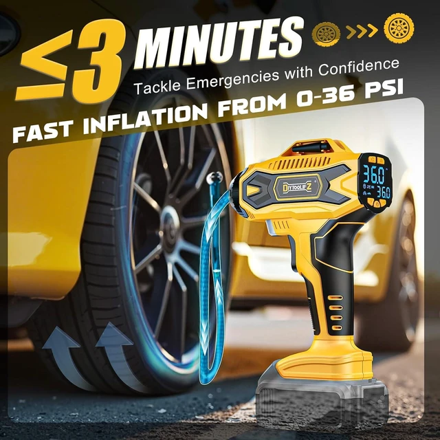 Alt view image 4 of 7 - Cordless Tire Inflator Air Compressor for Dewalt 20V Battery, 160PSI Portable Air Pump with Digital Pressure Gauge, Fast Inflation for Cars, Motorcycles & Bikes (Tool Only)