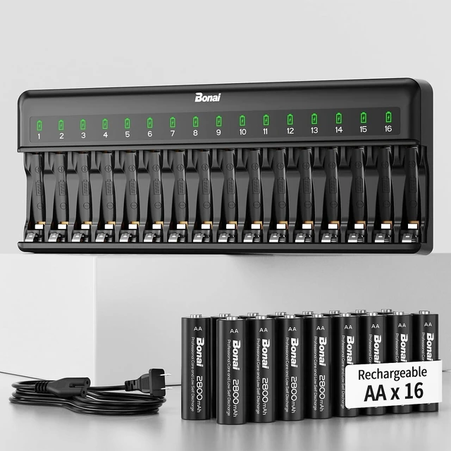 Main image of Rechargeable AA Batteries with Charger - 2800mAh High Capacity Low Self-Discharge Leak Proof (16 Pack) & Smart Charger with American AC Plug (16 Bay)