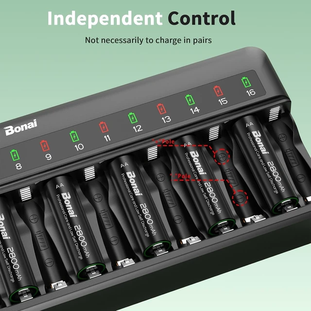 Alt view image 5 of 7 - Rechargeable AA Batteries with Charger - 2800mAh High Capacity Low Self-Discharge Leak Proof (16 Pack) & Smart Charger with American AC Plug (16 Bay)