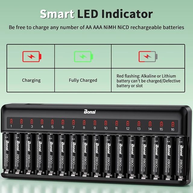 Alt view image 6 of 7 - Rechargeable AA Batteries with Charger - 2800mAh High Capacity Low Self-Discharge Leak Proof (16 Pack) & Smart Charger with American AC Plug (16 Bay)