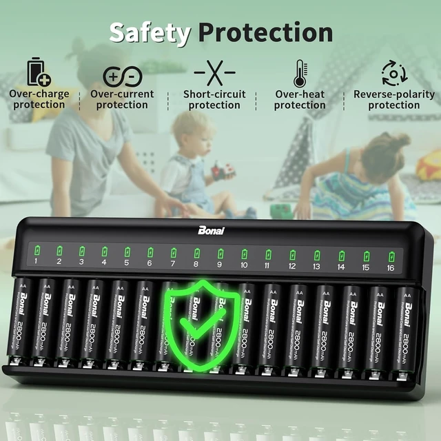 Alt view image 7 of 7 - Rechargeable AA Batteries with Charger - 2800mAh High Capacity Low Self-Discharge Leak Proof (16 Pack) & Smart Charger with American AC Plug (16 Bay)