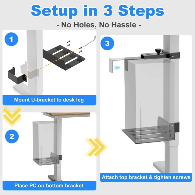 Alt view image 2 of 7 - No-Drill Under-Desk PC Mount with 40 lb Capacity Fits 3 Fixed Desk Leg Sizes, Adjustable Clamp-On CPU Holder for Standing Desks with Non-Slip Pads, Black