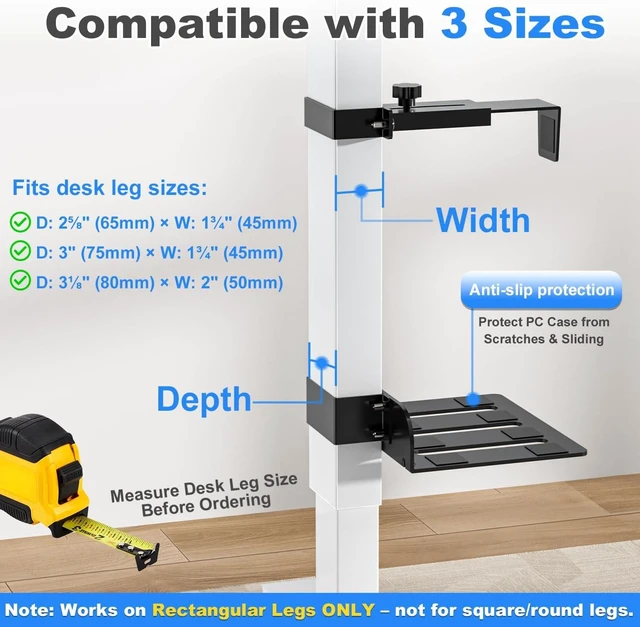 Alt view image 3 of 7 - No-Drill Under-Desk PC Mount with 40 lb Capacity Fits 3 Fixed Desk Leg Sizes, Adjustable Clamp-On CPU Holder for Standing Desks with Non-Slip Pads, Black