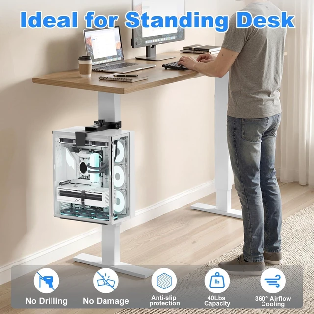 Alt view image 4 of 7 - No-Drill Under-Desk PC Mount with 40 lb Capacity Fits 3 Fixed Desk Leg Sizes, Adjustable Clamp-On CPU Holder for Standing Desks with Non-Slip Pads, Black