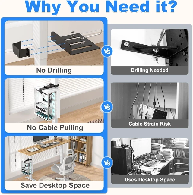 Alt view image 7 of 7 - No-Drill Under-Desk PC Mount with 40 lb Capacity Fits 3 Fixed Desk Leg Sizes, Adjustable Clamp-On CPU Holder for Standing Desks with Non-Slip Pads, Black