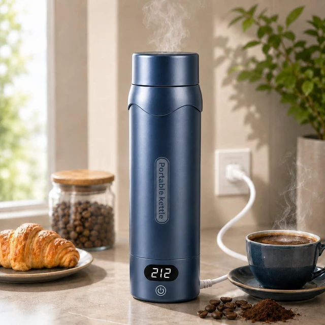Main image of Small Insulated Stainless Steel Electric Kettle Smart Water Bottle with 4 Temperature Controls, Leak-Proof, Mini Travel Essential & Office Gift for Tea Lovers, Dark Blue