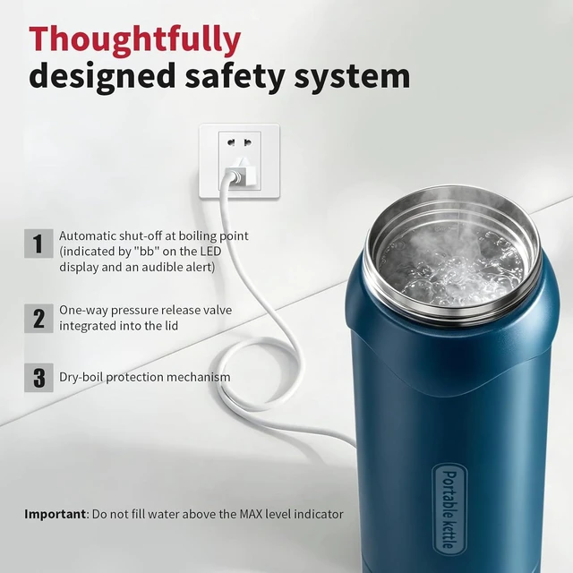Alt view image 4 of 7 - Small Insulated Stainless Steel Electric Kettle Smart Water Bottle with 4 Temperature Controls, Leak-Proof, Mini Travel Essential & Office Gift for Tea Lovers, Dark Blue