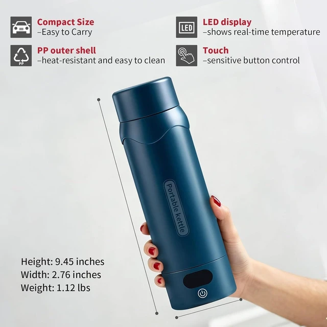 Alt view image 6 of 7 - Small Insulated Stainless Steel Electric Kettle Smart Water Bottle with 4 Temperature Controls, Leak-Proof, Mini Travel Essential & Office Gift for Tea Lovers, Dark Blue