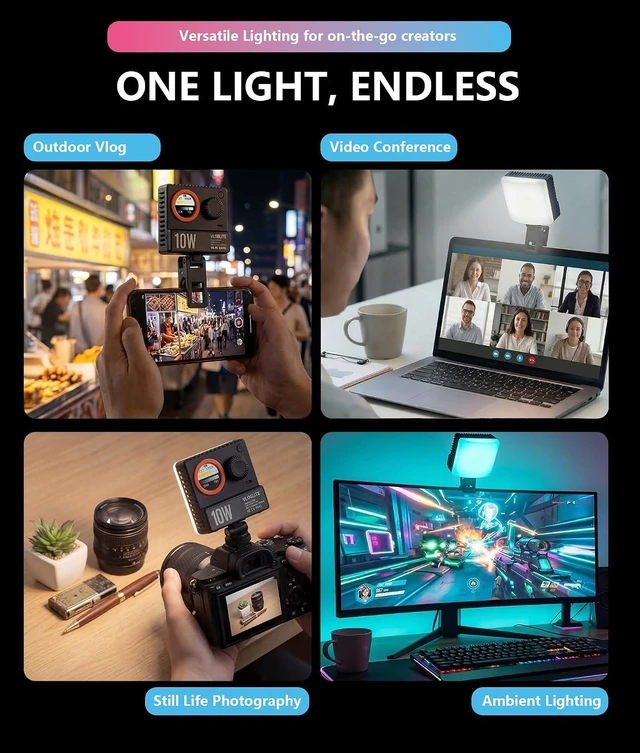 Alt view image 6 of 7 - 10W Ultra Bright Portable Selfie LED Light - Pocket RGB Camera Light with Phone Clip, Cold Shoe & Magnetic Diffuser for Selfie, Vlogging, Photography