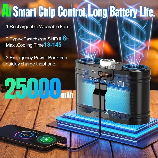 Alt view image 3 of 7 - 2026 25000mAh AI Portable Waist Fan 100 Speeds 34000RPM Strong Airflow, Belt Fan with up to 145H Working Time & Flashlight, Rechargeable Wearable Personal Fan for Outdoor