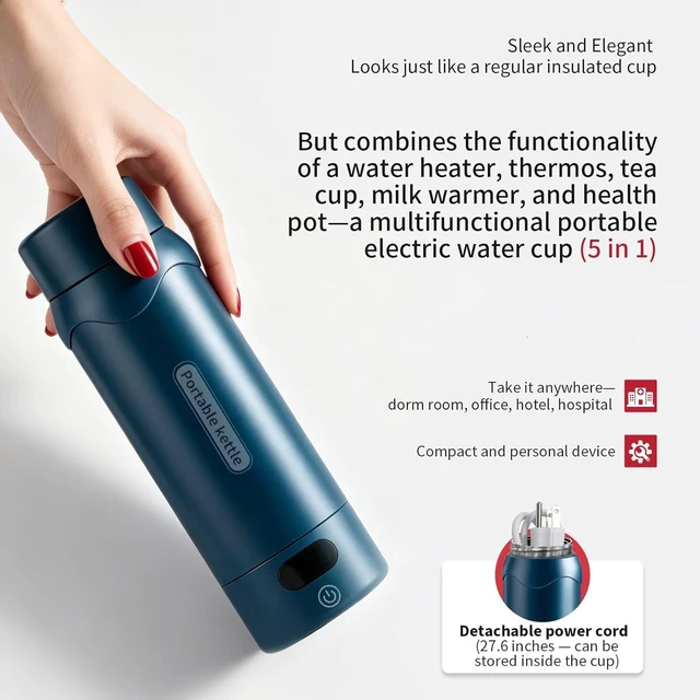 Alt view image 7 of 7 - Small Insulated Stainless Steel Electric Kettle Smart Water Bottle with 4 Temperature Controls, Leak-Proof, Mini Travel Essential & Office Gift for Tea Lovers, Dark Blue