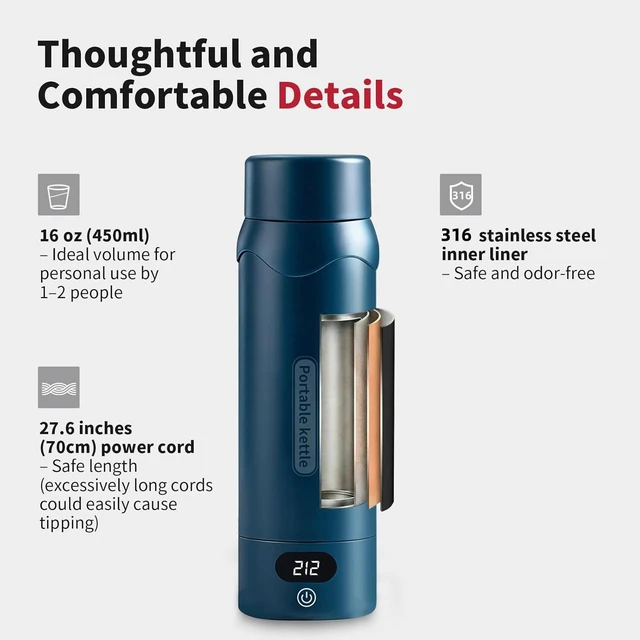 Alt view image 5 of 7 - Small Insulated Stainless Steel Electric Kettle Smart Water Bottle with 4 Temperature Controls, Leak-Proof, Mini Travel Essential & Office Gift for Tea Lovers, Dark Blue