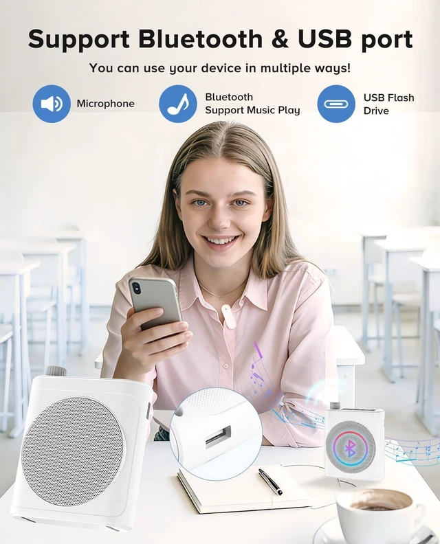 Alt view image 3 of 7 - Voice Amplifier for Teachers with Dual Magnetic Wireless Lavalier Mics & Noise Reduction Bluetooth Portable Rechargeable Speaker for Classroom, Meetings, Yoga & Speeches (White)