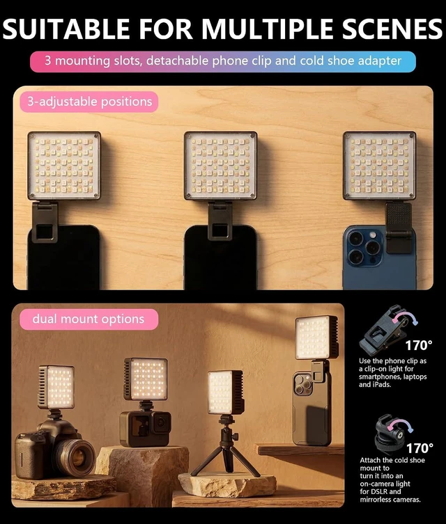 Alt view image 7 of 7 - 10W Ultra Bright Portable Selfie LED Light - Pocket RGB Camera Light with Phone Clip, Cold Shoe & Magnetic Diffuser for Selfie, Vlogging, Photography