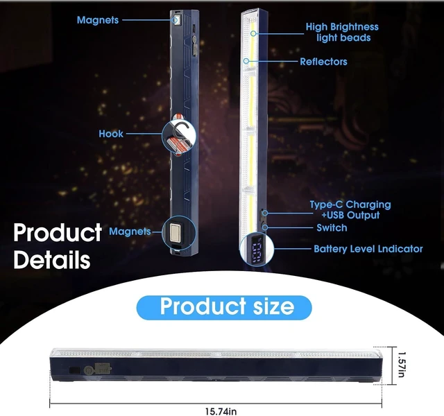Alt view image 7 of 7 - Rechargeable Magnetic Light Bar, 15.75-inch 8000 Lumens Portable Lamp with 7500mAh Battery, Built-in 216-LED Bulbs, Handy Hook & 2 Magnets Endurance