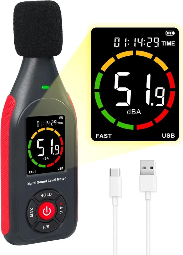 Main image of Digital Sound Level Meter Data Logger, dB Meter 30~130dB, 31,000 Data, 3-Color Light Alarm, USB Rechargeable SPL Meter for Home, Classroom, Office & Industrial