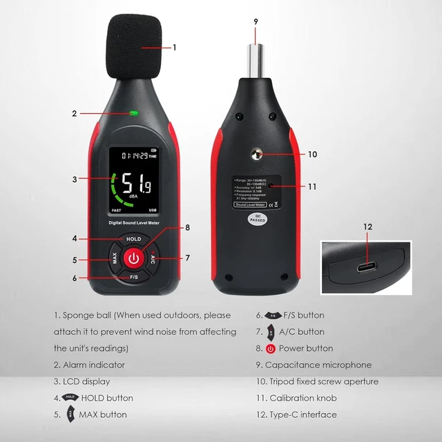 Alt view image 5 of 7 - Digital Sound Level Meter Data Logger, dB Meter 30~130dB, 31,000 Data, 3-Color Light Alarm, USB Rechargeable SPL Meter for Home, Classroom, Office & Industrial