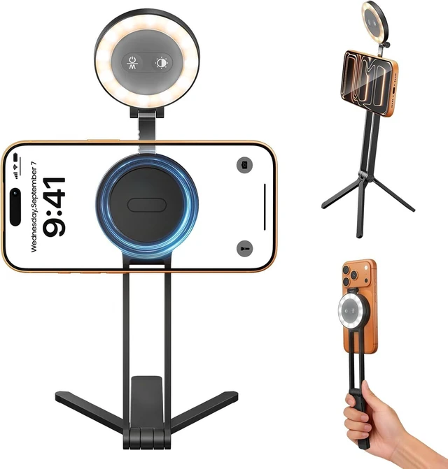 Main image of 2-in-1 Magnetic Phone Tripod & Selfie Light, MagSafe Tripod Phone Mount Smartphone Stand Selfie Stick with Fill Light for iPhone Accessories
