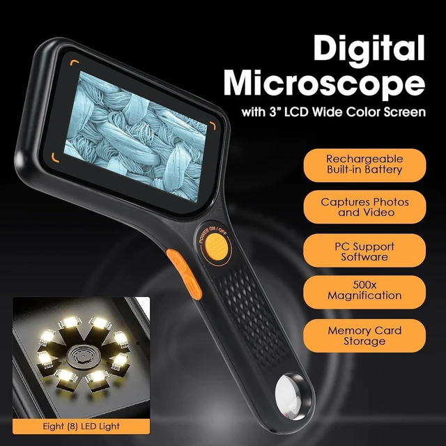 Alt view image 4 of 7 - Handheld Digital Microscope 500X with 3.0" IPS Screen, Autofocus, 8GB TF Card, Portable USB Coin Magnifier with 8 LED Lights for Photo & Video, Windows/MacOS Recording & Transmission