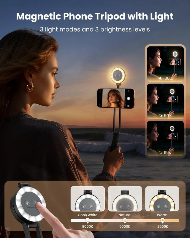 Alt view image 2 of 6 - 2-in-1 Magnetic Phone Tripod & Selfie Light, MagSafe Tripod Phone Mount Smartphone Stand Selfie Stick with Fill Light for iPhone Accessories