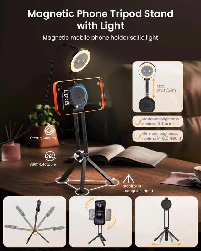 Alt view image 4 of 6 - 2-in-1 Magnetic Phone Tripod & Selfie Light, MagSafe Tripod Phone Mount Smartphone Stand Selfie Stick with Fill Light for iPhone Accessories