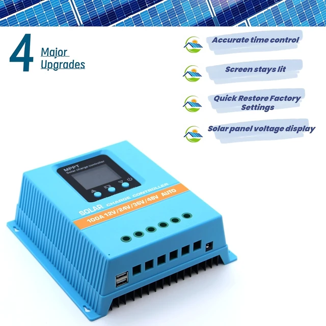 Alt view image 2 of 7 - Upgraded 100A MPPT Solar Charge Controller, 12V 24V 36V 48V with LCD Display - Max 100V Input, Dual USB for Lead-Acid/Lithium