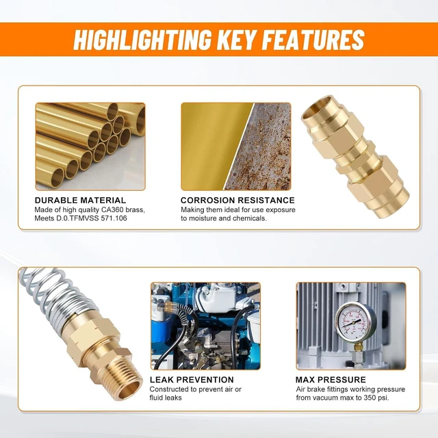 Alt view image 2 of 7 - 8PCS Air Brake Hose End Connector Set 3/8 Male x 1/2 Hose, 1/2 x 1/2", 2PCS 1/2 Union Tube, Air Brake Hose End Fitting with Spring for Semi Truck