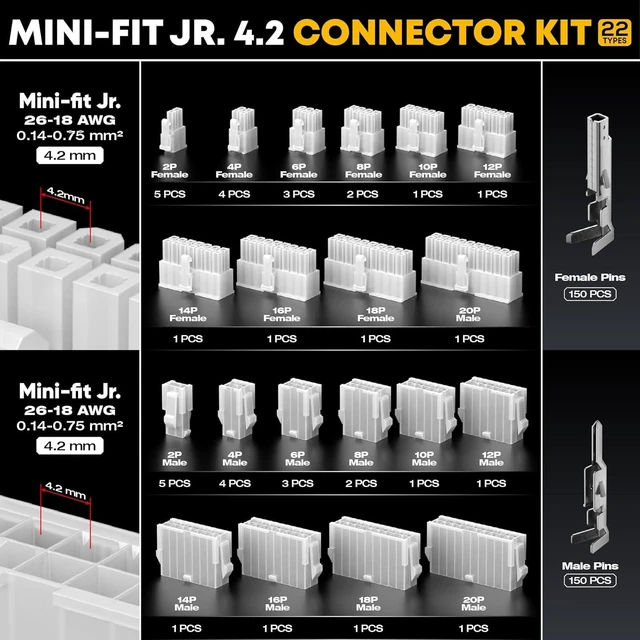 Alt view image 3 of 7 - Crimp Tool Mini-Fit Jr Kit 22 Types of 2-20 Pin Molex 4.2mm Connectors, 18-26 AWG Wire Gauge w/ Remove Tool, Crimping Tool (30-16 AWG) Compatible with JST, KF2510, AMP, Dupont, RC Servos & Futaba