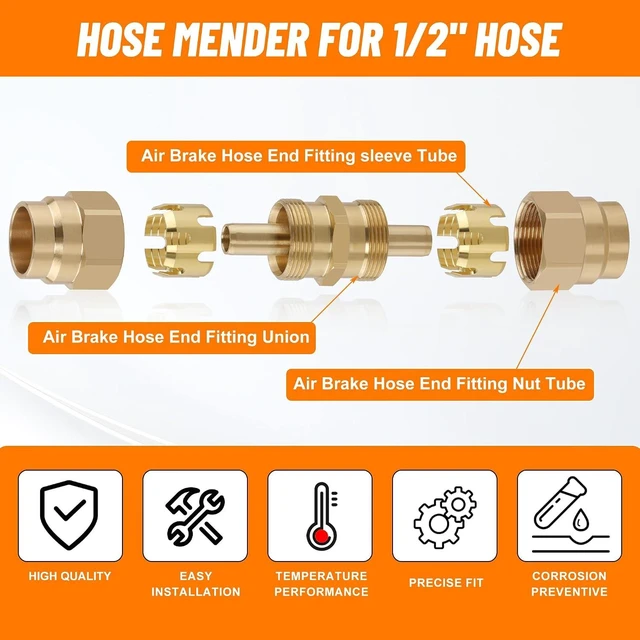 Alt view image 5 of 7 - 8PCS Air Brake Hose End Connector Set 3/8 Male x 1/2 Hose, 1/2 x 1/2", 2PCS 1/2 Union Tube, Air Brake Hose End Fitting with Spring for Semi Truck