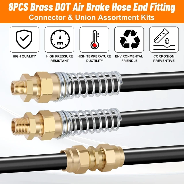 Alt view image 3 of 7 - 8PCS Air Brake Hose End Connector Set 3/8 Male x 1/2 Hose, 1/2 x 1/2", 2PCS 1/2 Union Tube, Air Brake Hose End Fitting with Spring for Semi Truck