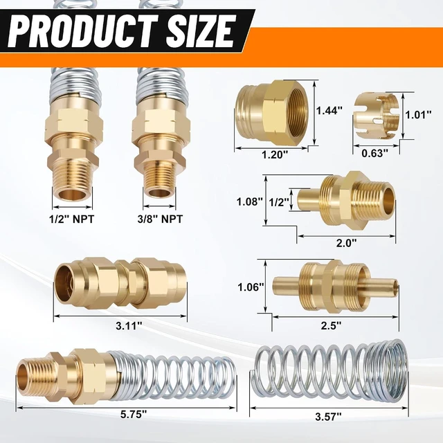 Alt view image 6 of 7 - 8PCS Air Brake Hose End Connector Set 3/8 Male x 1/2 Hose, 1/2 x 1/2", 2PCS 1/2 Union Tube, Air Brake Hose End Fitting with Spring for Semi Truck