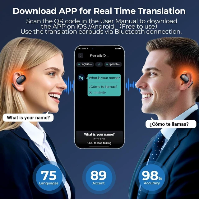 Alt view image 2 of 7 - AI Translation Earbuds Real Time - 164 Language Translator Device, No Subscription, Simultaneous Interpretation for Face-to-Face, Photo/Audio/Video, Matte Black