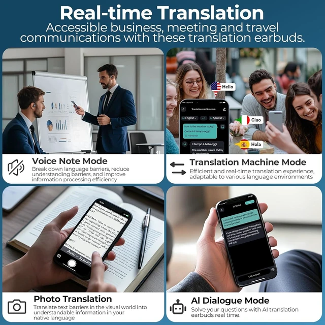 Alt view image 4 of 7 - AI Translation Earbuds Real Time - 164 Language Translator Device, No Subscription, Simultaneous Interpretation for Face-to-Face, Photo/Audio/Video, Matte Black