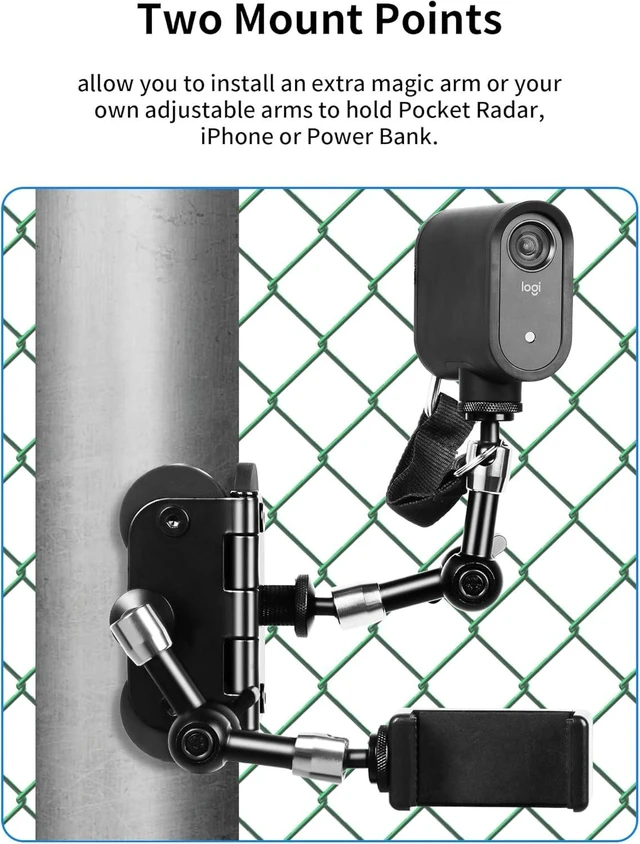 Alt view image 4 of 7 - Magnetic Fence Mount Live Streaming Kit for Mevo Start, Gopro, iPhone & Pocket Radar - Two 1/4'' Mount Points, Camera Holder for Gamechanger at Baseball, Softball Field